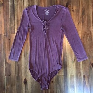 American Eagle Soft and Sexy Rib Burgundy Lace Up Front Bodysuit